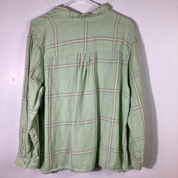 Womens Studio Works Linen Plaid Button Shirt Long Sleeve Green Brown 2X - Picture 2 of 7
